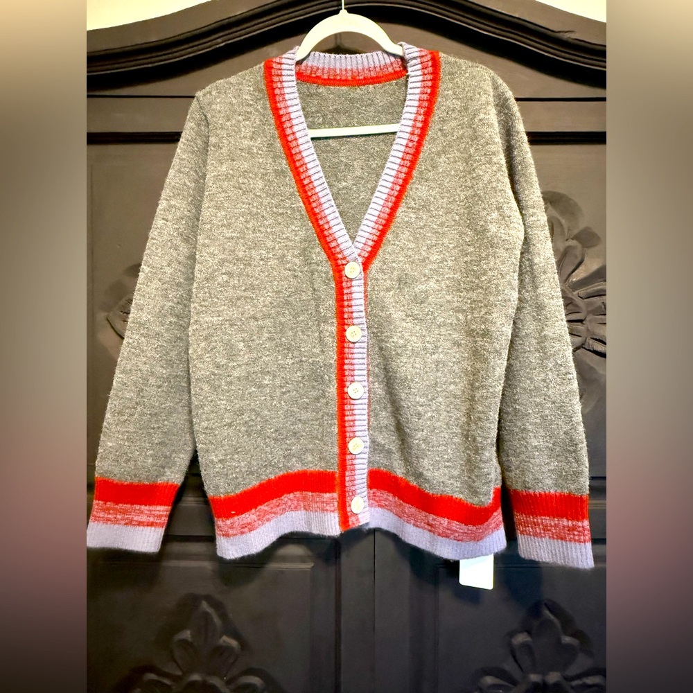 Dazy Gray Cardigan with Red and White Trim & Brown Buttons Size Large NWT